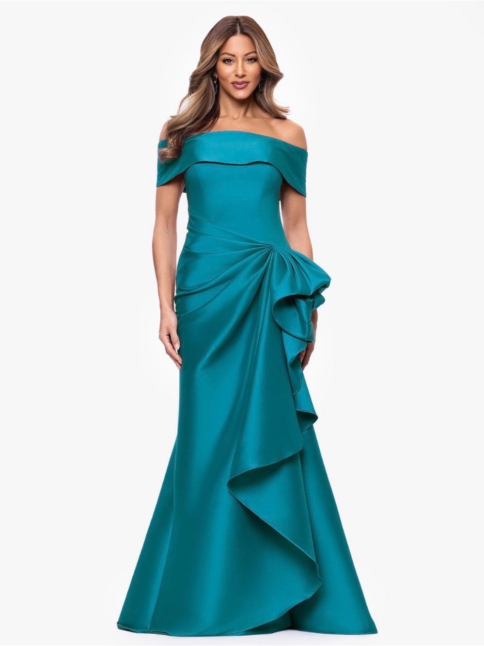 XSCAPE Mikado Off-The-Shoulder Ruffle Gown
